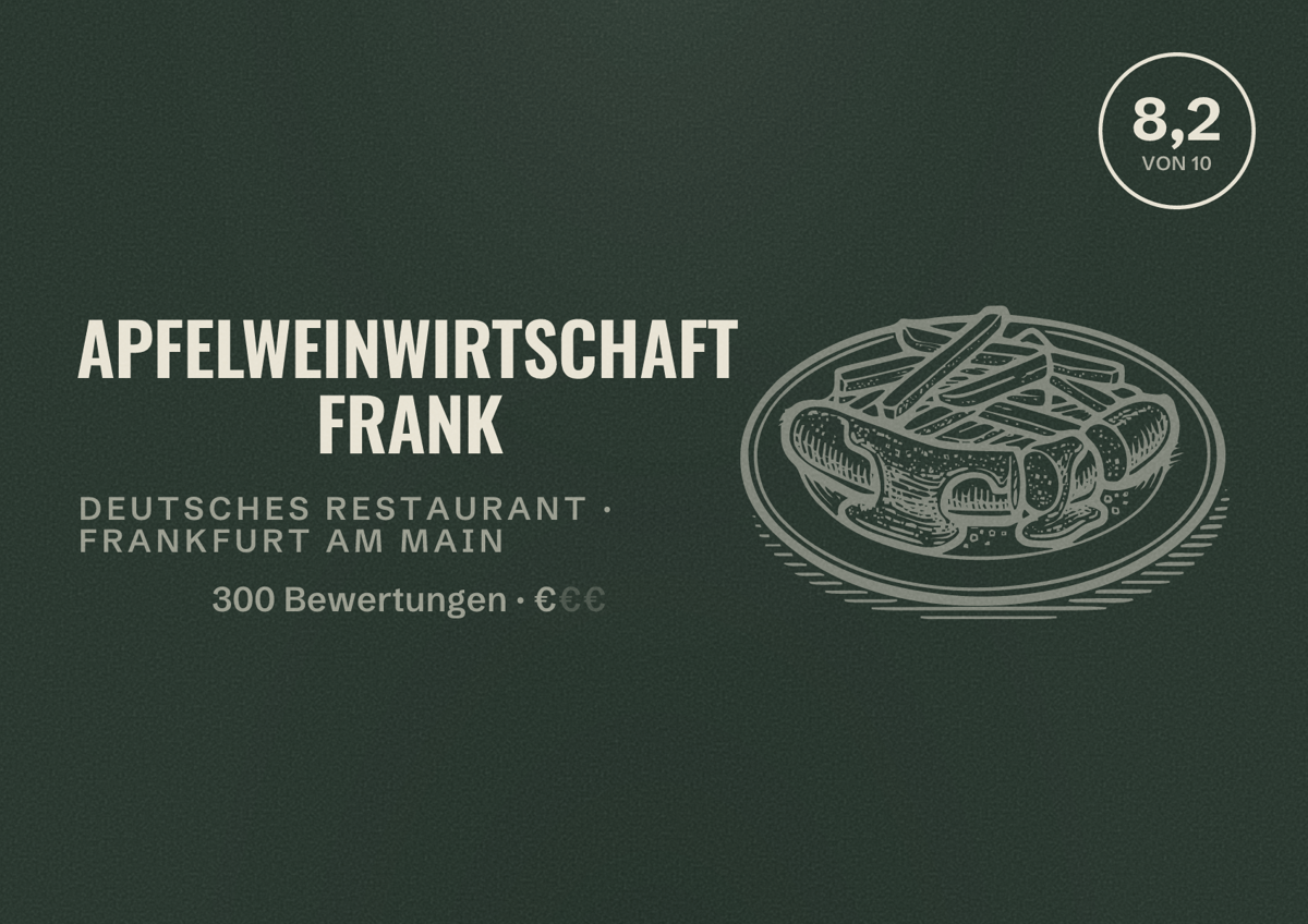 Illustriertes Poster von APFELWEINWIRTSCHAFT FRANK, Deutsches Restaurant in Frankfurt am Main: Bewertung 8,2 von 10 aus 300 Bewertungen, Preisniveau €