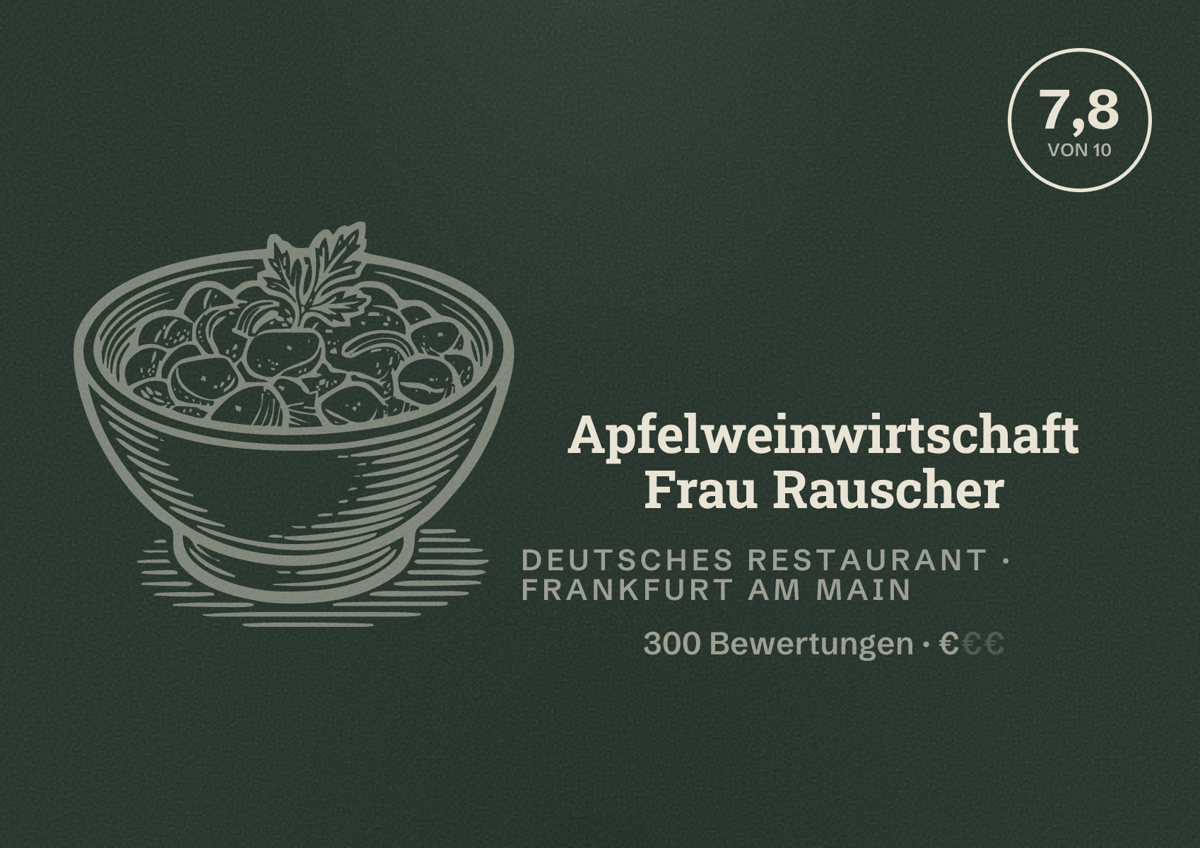 Illustriertes Poster von Apfelweinwirtschaft Frau Rauscher, Deutsches Restaurant in Frankfurt am Main: Bewertung 7,8 von 10 aus 300 Bewertungen, Preisniveau €