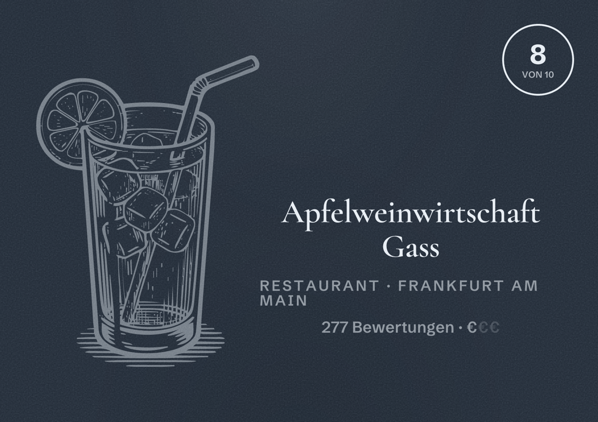 Illustriertes Poster von Apfelweinwirtschaft Gass, Restaurant in Frankfurt am Main: Bewertung 8,0 von 10 aus 277 Bewertungen, Preisniveau €