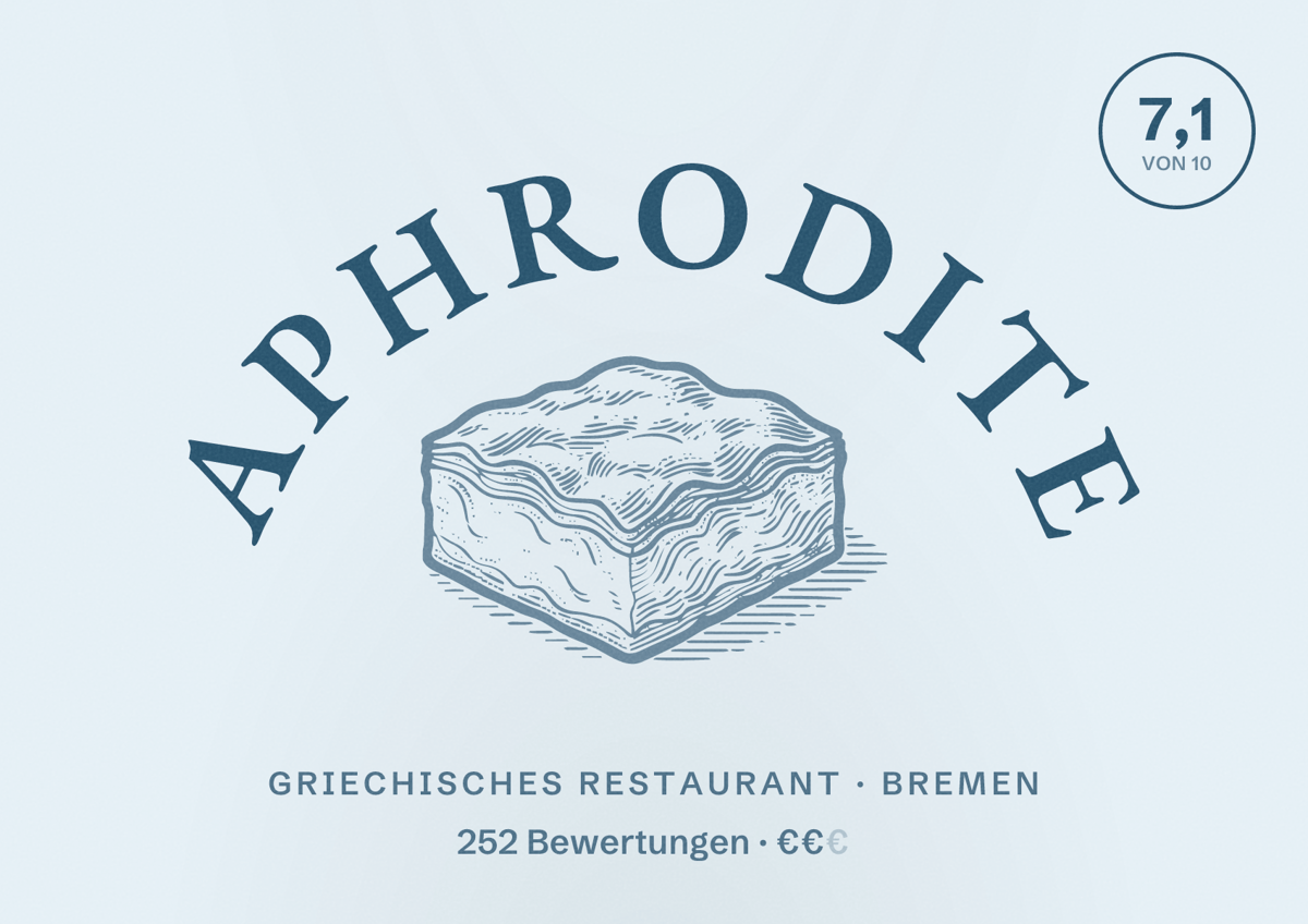 Illustriertes Poster von Aphrodite, Griechisches Restaurant in Bremen: Bewertung 7,1 von 10 aus 252 Bewertungen, Preisniveau €€
