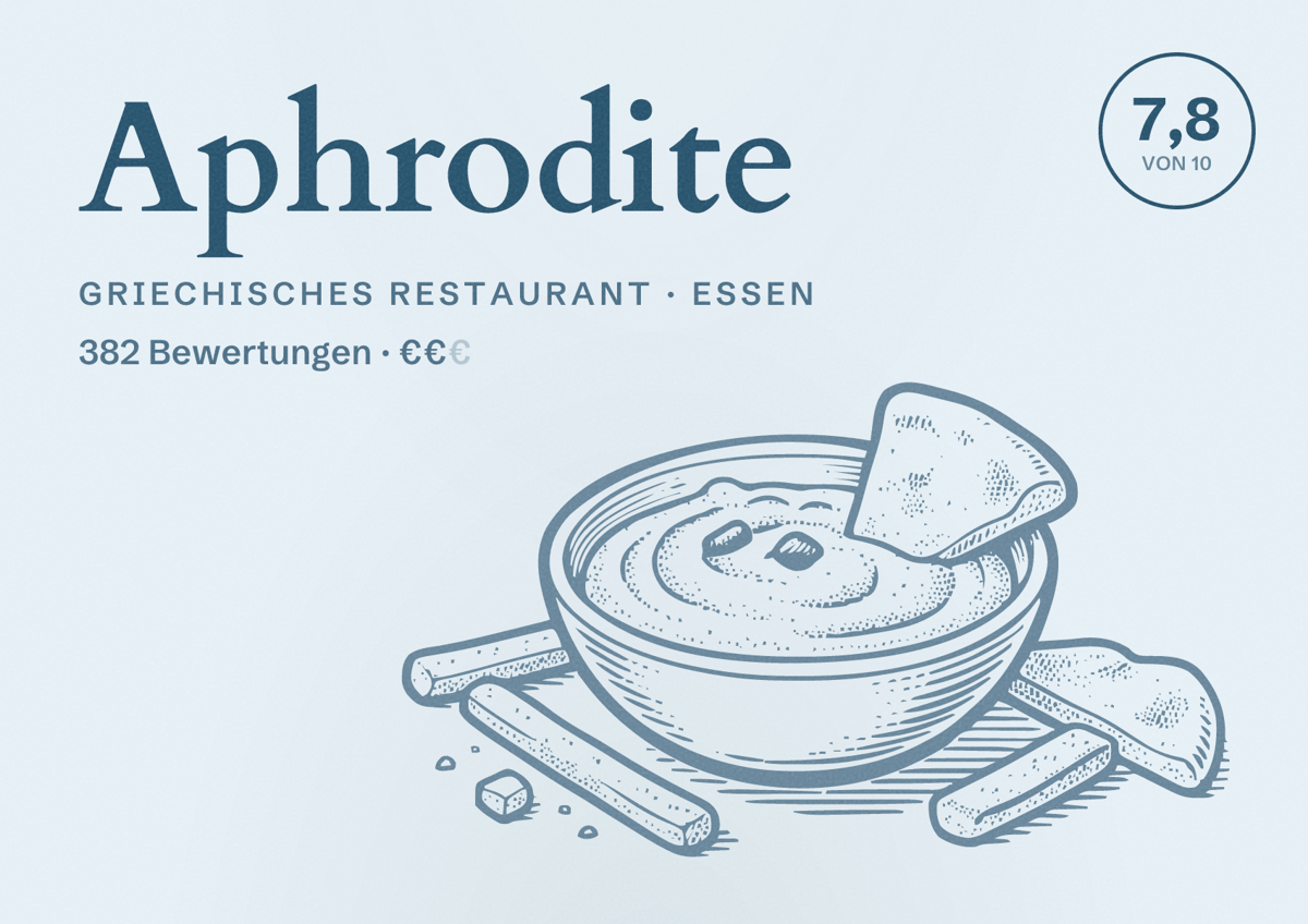 Illustriertes Poster von Aphrodite, Griechisches Restaurant in Essen: Bewertung 7,8 von 10 aus 382 Bewertungen, Preisniveau €€