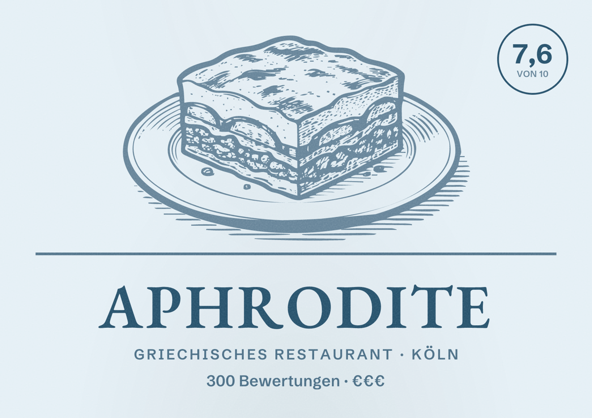 Illustriertes Poster von Aphrodite, Griechisches Restaurant in Köln: Bewertung 7,6 von 10 aus 300 Bewertungen, Preisniveau €€€