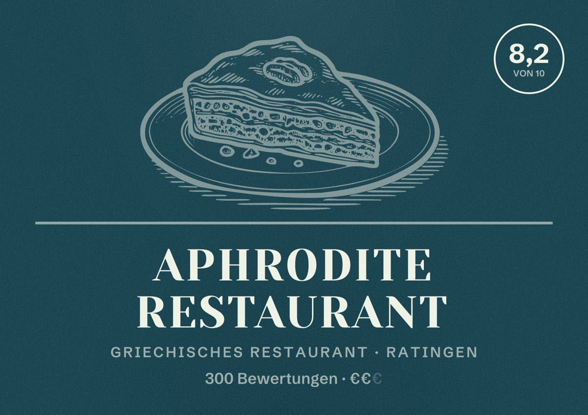 Illustriertes Poster von Aphrodite Restaurant, Griechisches Restaurant in Ratingen: Bewertung 8,2 von 10 aus 300 Bewertungen, Preisniveau €€