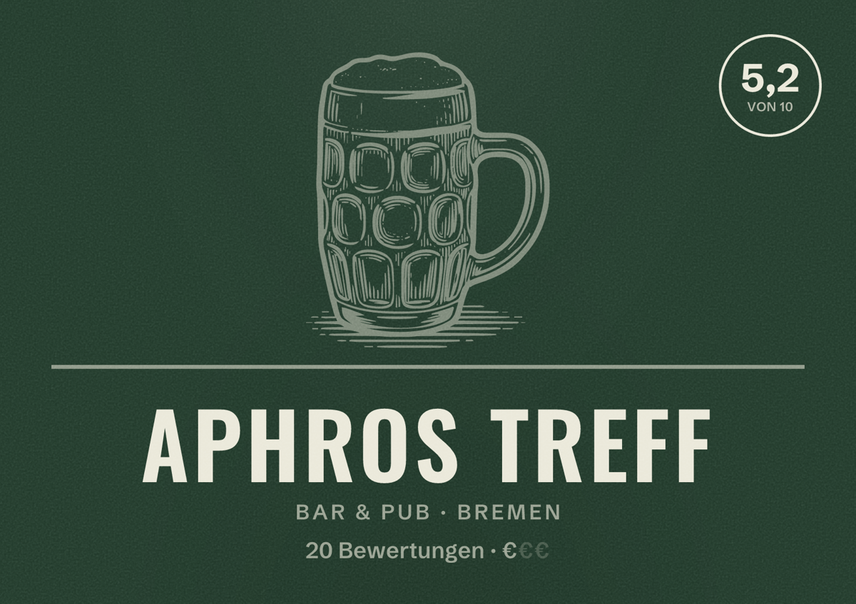 Illustriertes Poster von Aphros Treff, Bar & Pub in Bremen: Bewertung 5,2 von 10 aus 20 Bewertungen, Preisniveau €