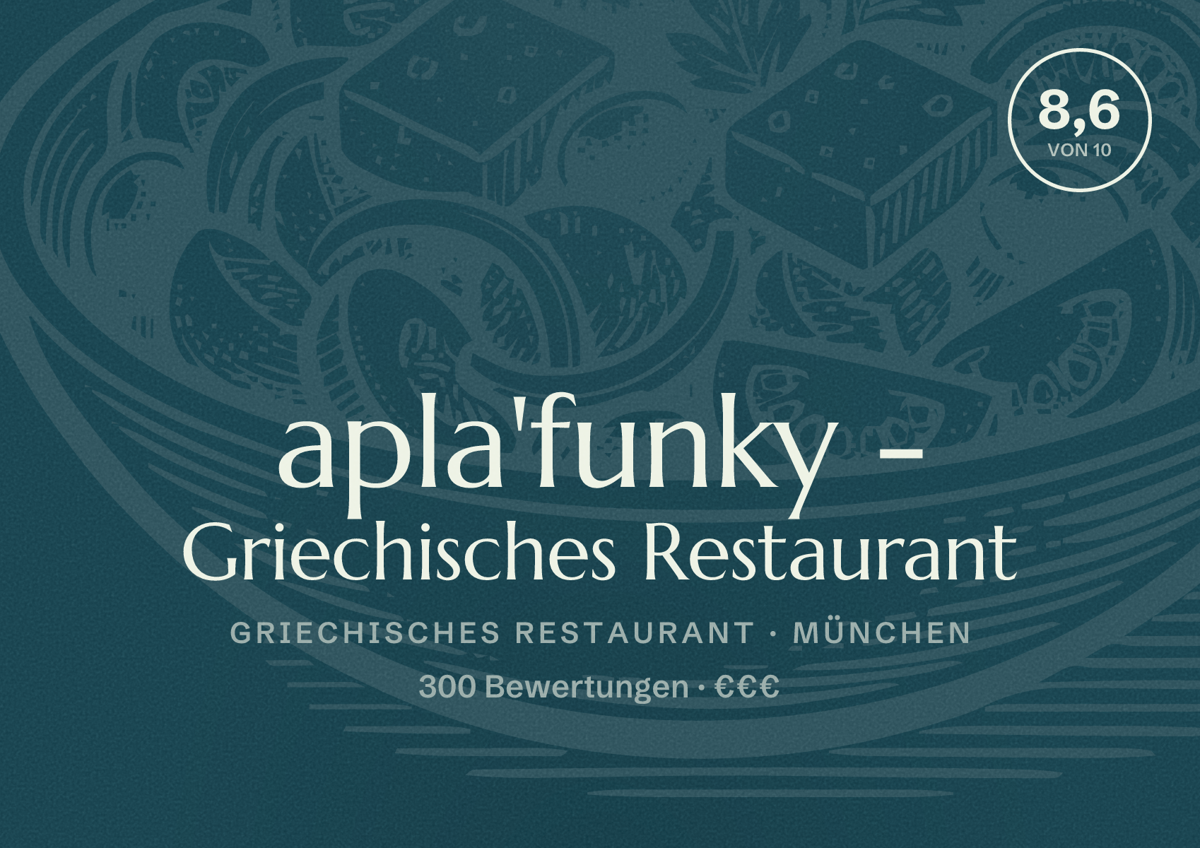Illustriertes Poster von apla'funky - Griechisches Restaurant, Griechisches Restaurant in München: Bewertung 8,6 von 10 aus 300 Bewertungen, Preisniveau €€€