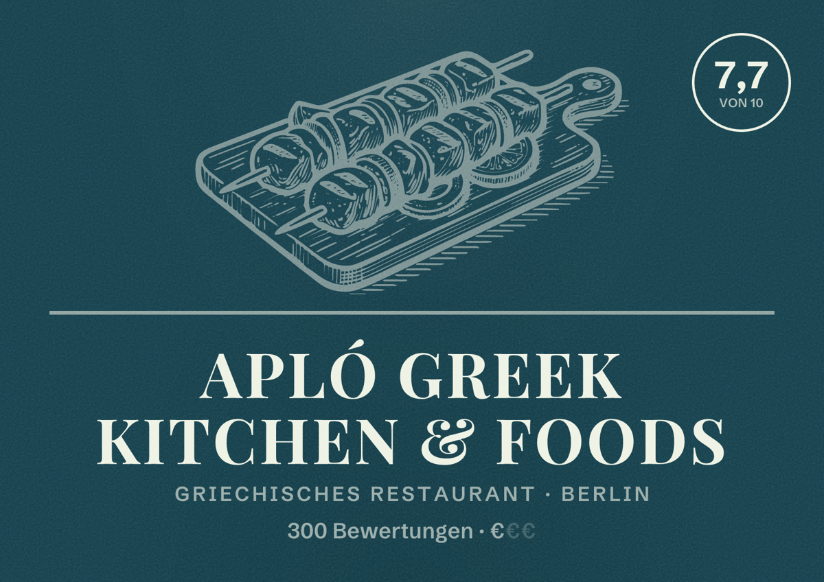Illustriertes Poster von Apló Greek Kitchen & Foods, Griechisches Restaurant in Berlin: Bewertung 7,7 von 10 aus 300 Bewertungen, Preisniveau €