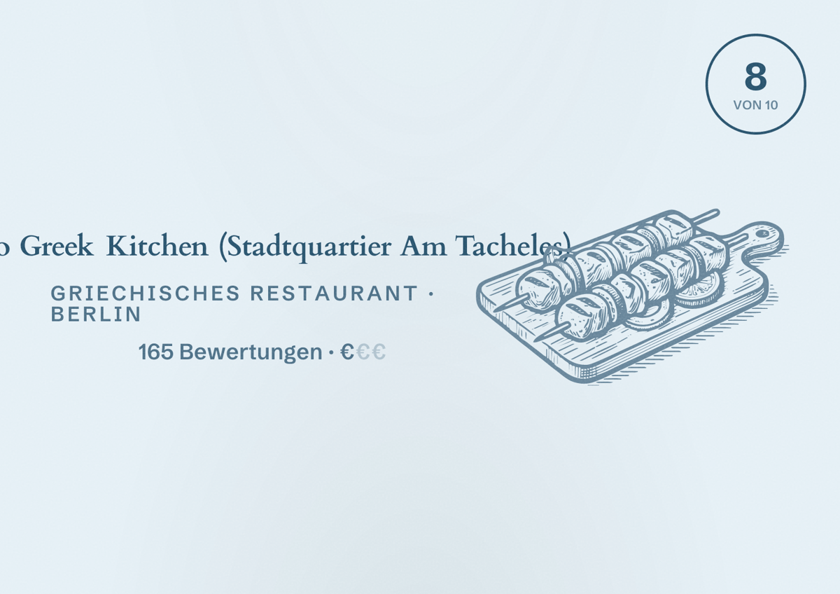 Illustriertes Poster von Aplo Greek Kitchen (Stadtquartier Am Tacheles), Griechisches Restaurant in Berlin: Bewertung 8,0 von 10 aus 165 Bewertungen, Preisniveau €