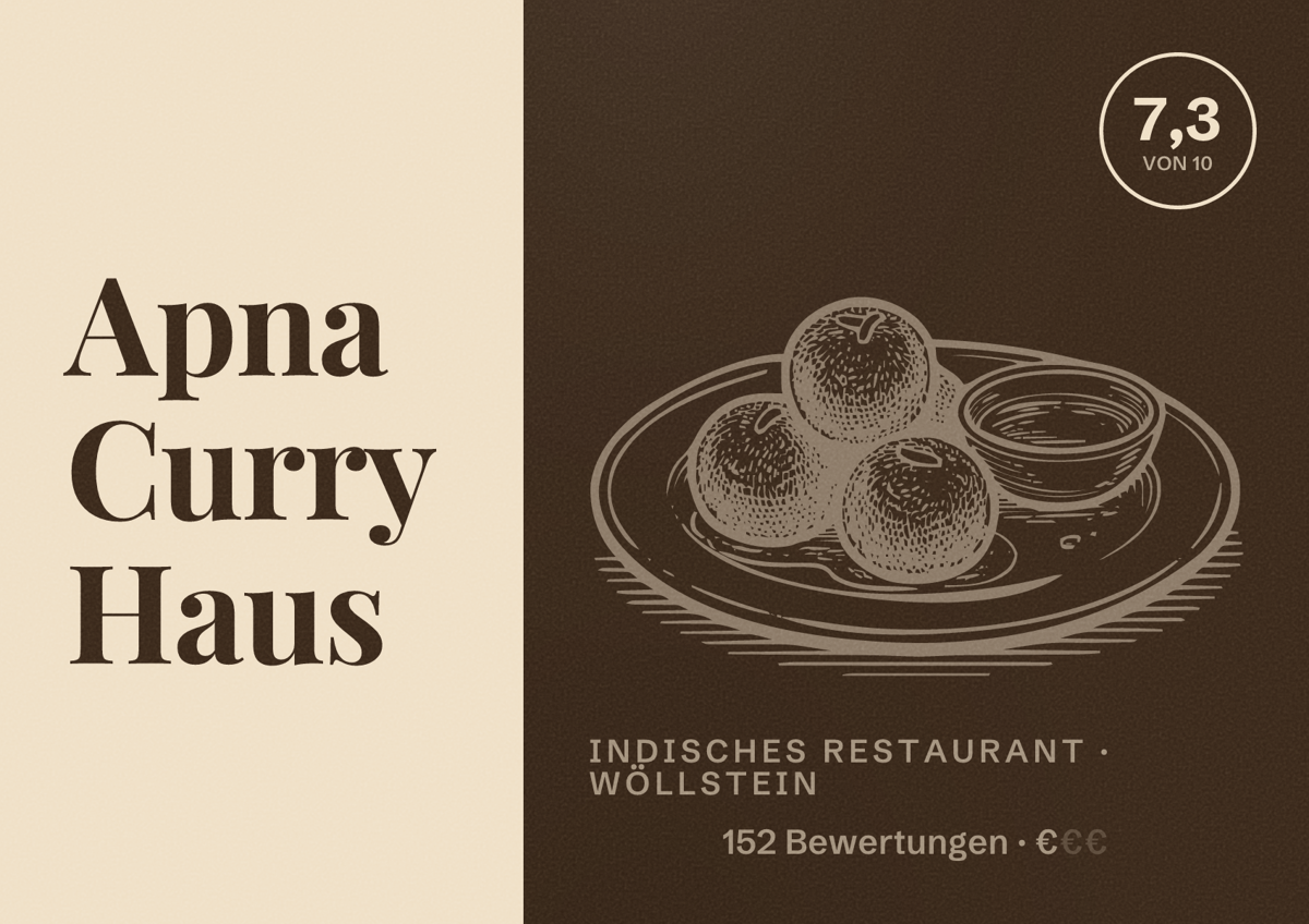 Illustriertes Poster von Apna Curry Haus, Indisches Restaurant in Wöllstein: Bewertung 7,3 von 10 aus 152 Bewertungen, Preisniveau €