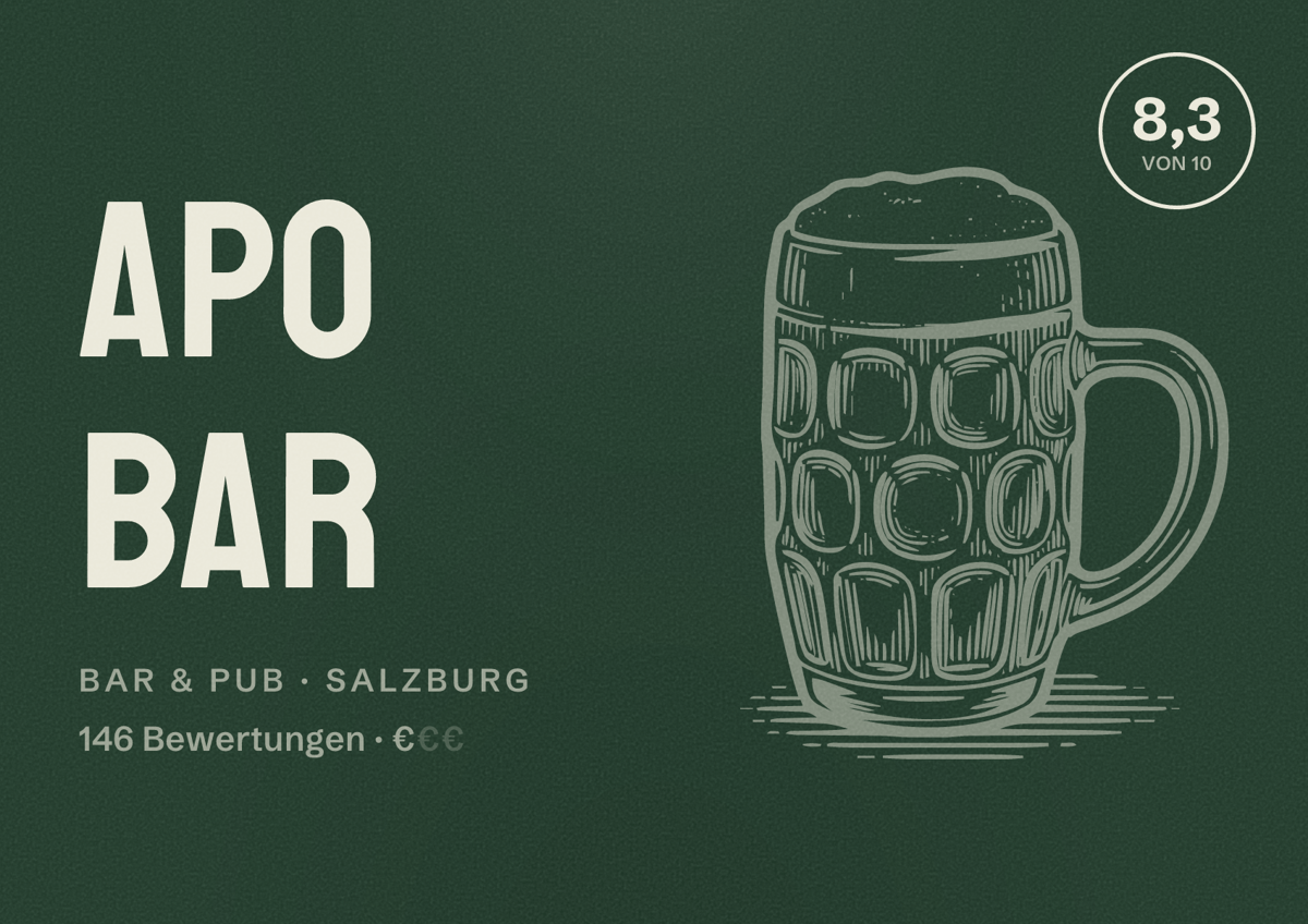 Illustriertes Poster von apo bar, Bar & Pub in Salzburg: Bewertung 8,3 von 10 aus 146 Bewertungen, Preisniveau €