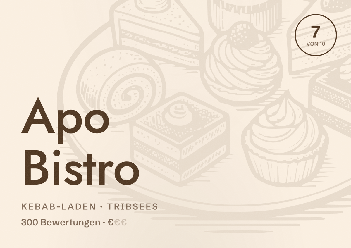 Illustriertes Poster von Apo Bistro, Kebab-Laden in Tribsees: Bewertung 7 von 10 aus 300 Bewertungen, Preisniveau €