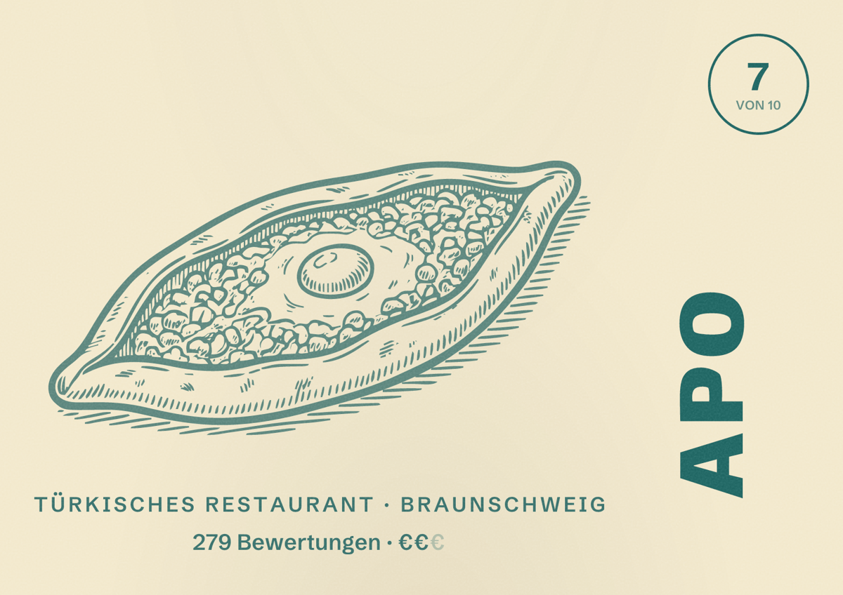 Illustriertes Poster von APO, Türkisches Restaurant in Braunschweig: Bewertung 7,0 von 10 aus 279 Bewertungen, Preisniveau €€