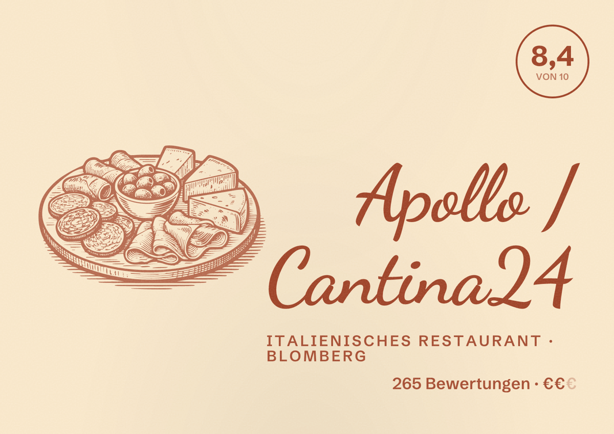Illustriertes Poster von Apollo / Cantina24, Italienisches Restaurant in Blomberg: Bewertung 8,4 von 10 aus 265 Bewertungen, Preisniveau €€