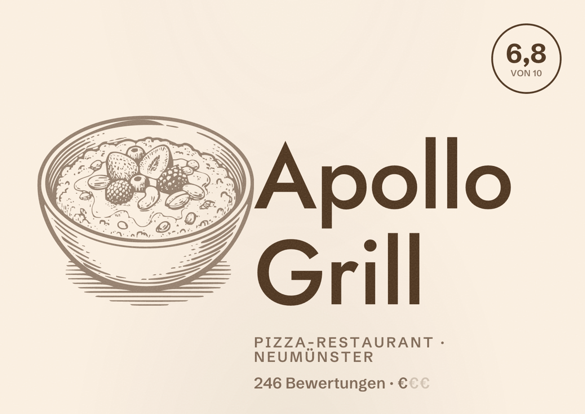 Illustriertes Poster von Apollo Grill, Pizza-Restaurant in Neumünster: Bewertung 6,8 von 10 aus 246 Bewertungen, Preisniveau €