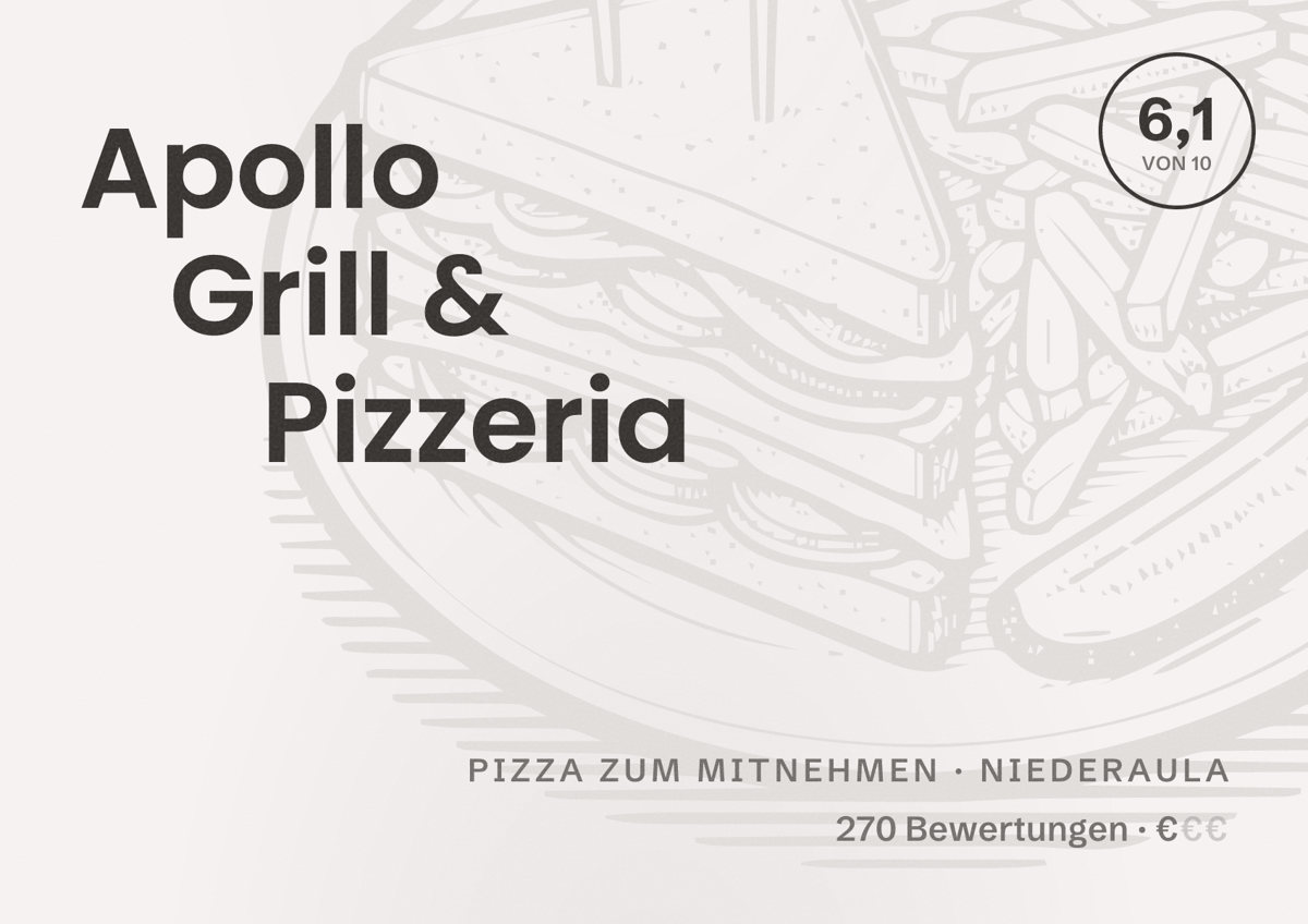 Illustriertes Poster von Apollo Grill & Pizzeria, Pizza zum Mitnehmen in Niederaula: Bewertung 6,1 von 10 aus 270 Bewertungen, Preisniveau €