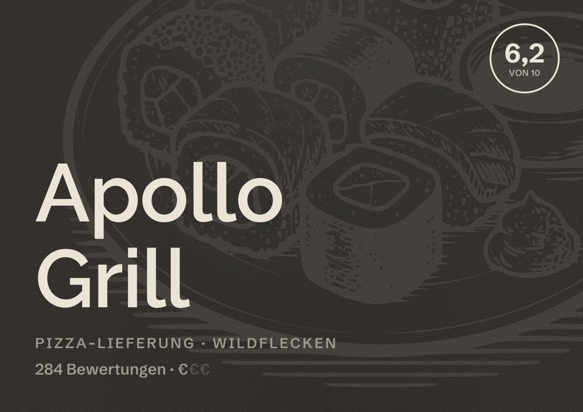 Illustriertes Poster von Apollo Grill, Pizza-Lieferung in Wildflecken: Bewertung 6,2 von 10 aus 284 Bewertungen, Preisniveau €