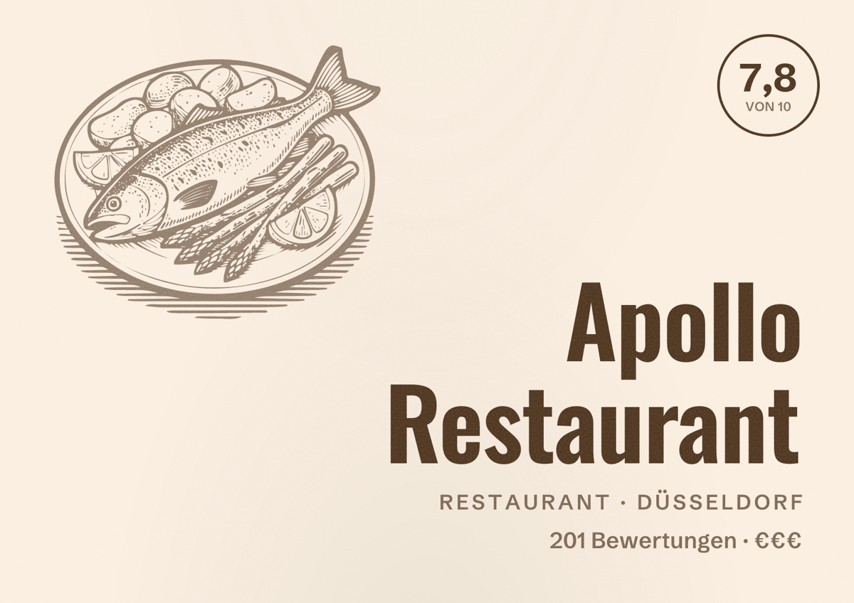 Illustriertes Poster von Apollo Restaurant, Restaurant in Düsseldorf: Bewertung 7,8 von 10 aus 201 Bewertungen, Preisniveau €€€