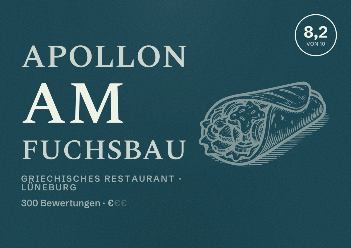 Illustriertes Poster von Apollon Am Fuchsbau, Griechisches Restaurant in Lüneburg: Bewertung 8,2 von 10 aus 300 Bewertungen, Preisniveau €