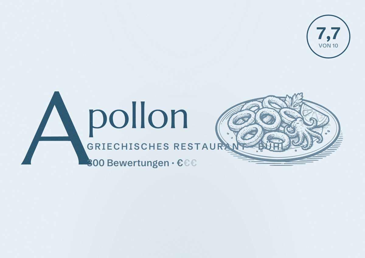 Illustriertes Poster von Apollon, Griechisches Restaurant in Bühl: Bewertung 7,7 von 10 aus 300 Bewertungen, Preisniveau €