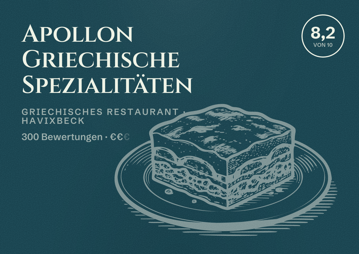 Illustriertes Poster von Apollon Griechische Spezialitäten, Griechisches Restaurant in Havixbeck: Bewertung 8,2 von 10 aus 300 Bewertungen, Preisniveau €€