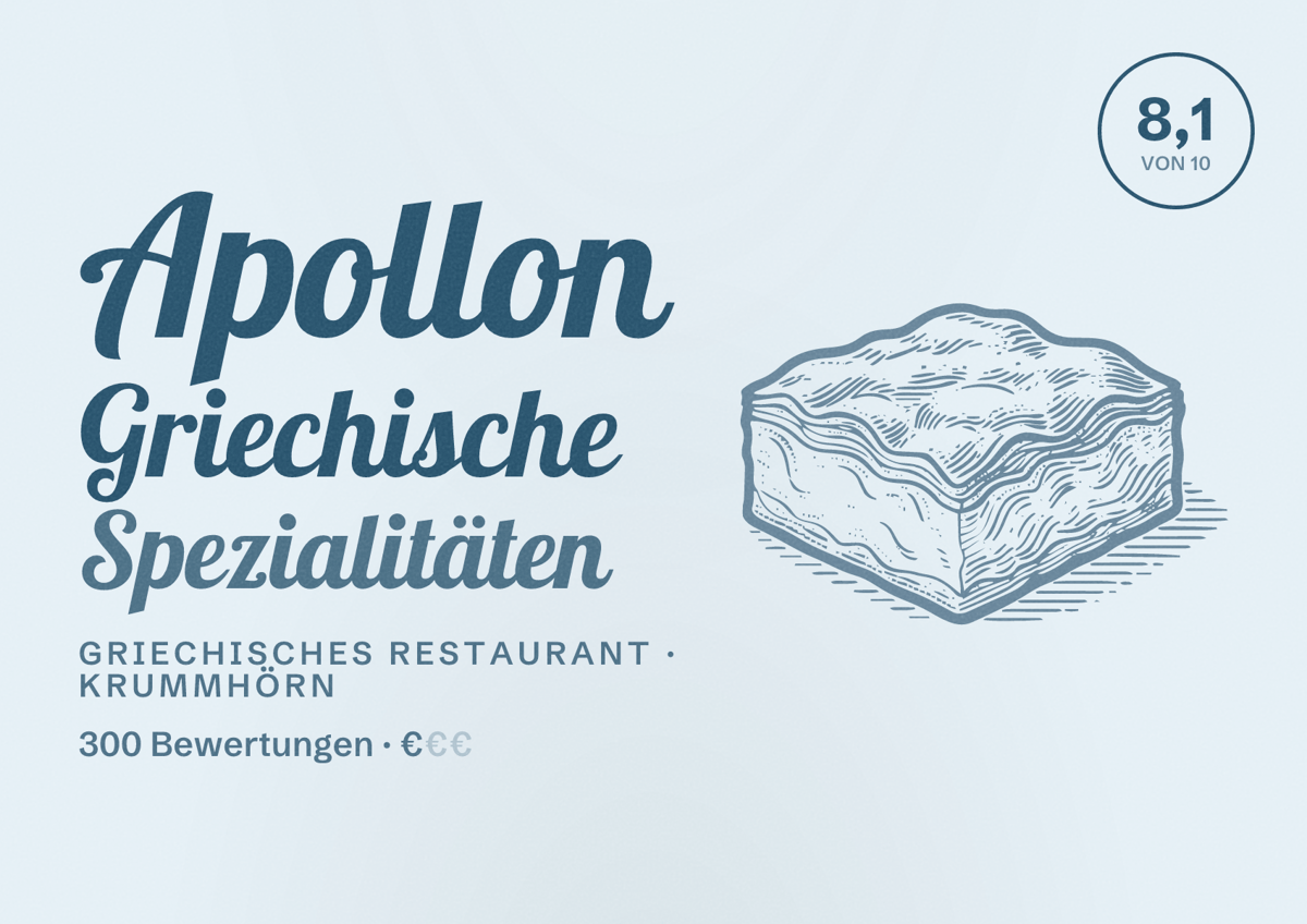 Illustriertes Poster von Apollon Griechische Spezialitäten, Griechisches Restaurant in Krummhörn: Bewertung 8,1 von 10 aus 300 Bewertungen, Preisniveau €