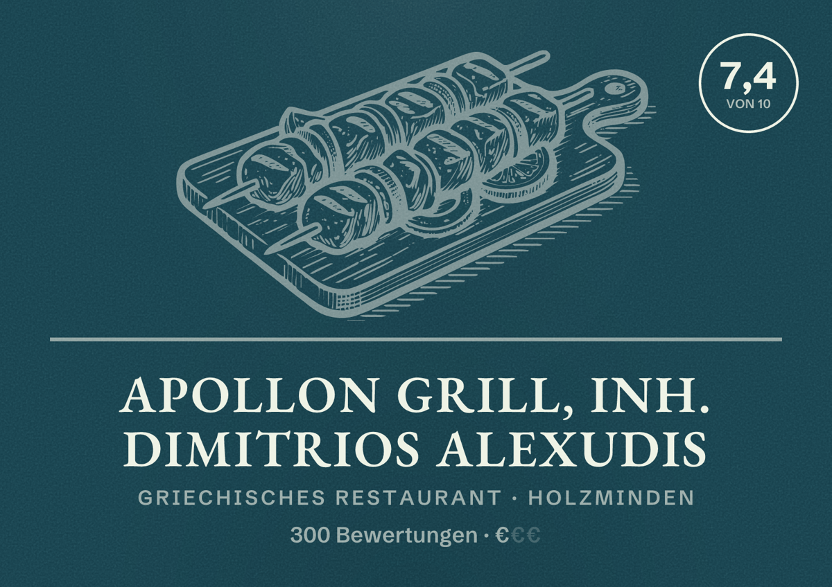 Illustriertes Poster von Apollon Grill, Inh. Dimitrios Alexudis, Griechisches Restaurant in Holzminden: Bewertung 7,4 von 10 aus 300 Bewertungen, Preisniveau €