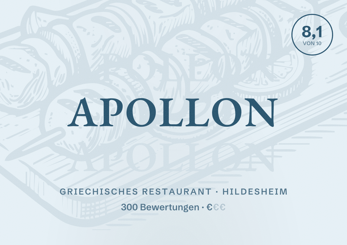 Illustriertes Poster von Apollon, Griechisches Restaurant in Hildesheim: Bewertung 8,1 von 10 aus 300 Bewertungen, Preisniveau €
