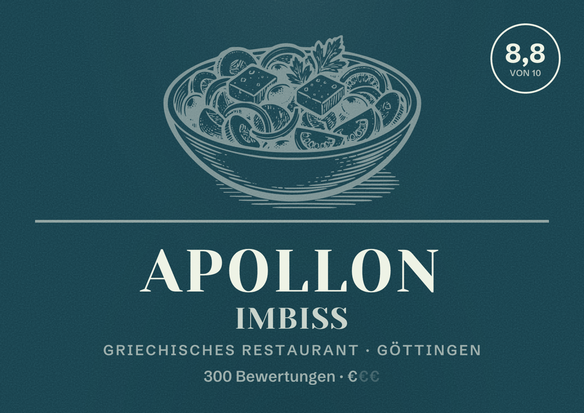 Illustriertes Poster von Apollon Imbiss, Griechisches Restaurant in Göttingen: Bewertung 8,8 von 10 aus 300 Bewertungen, Preisniveau €