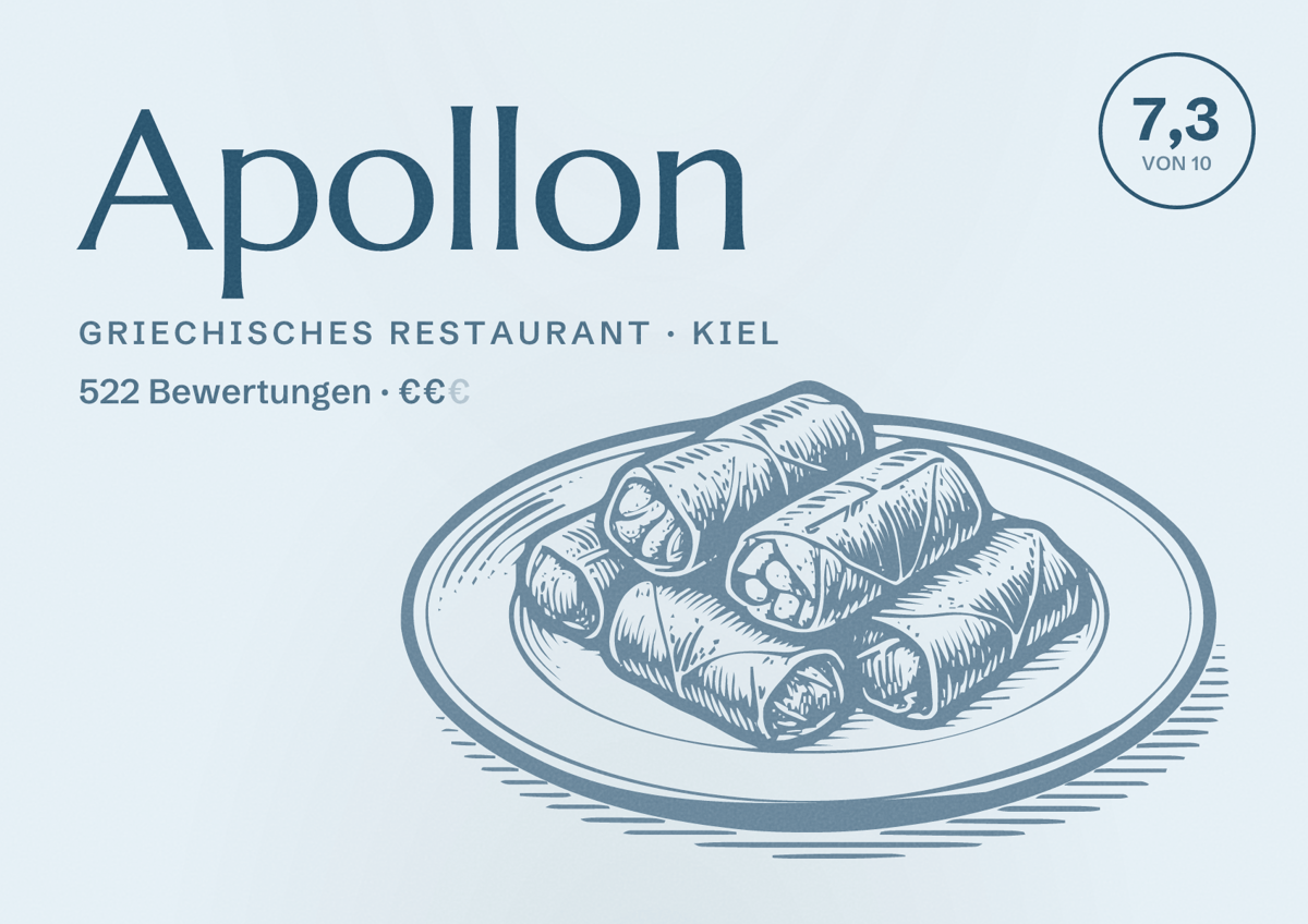 Illustriertes Poster von Apollon, Griechisches Restaurant in Kiel: Bewertung 7,3 von 10 aus 522 Bewertungen, Preisniveau €€
