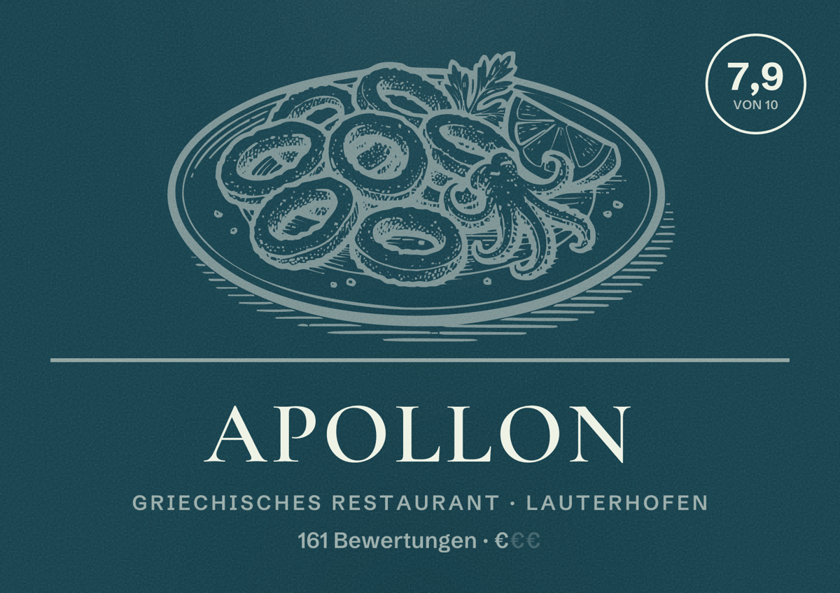Illustriertes Poster von Apollon, Griechisches Restaurant in Lauterhofen: Bewertung 7,9 von 10 aus 161 Bewertungen, Preisniveau €