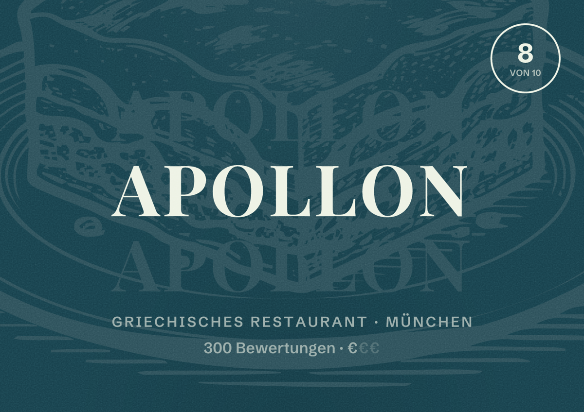 Illustriertes Poster von Apollon, Griechisches Restaurant in München: Bewertung 8,0 von 10 aus 300 Bewertungen, Preisniveau €