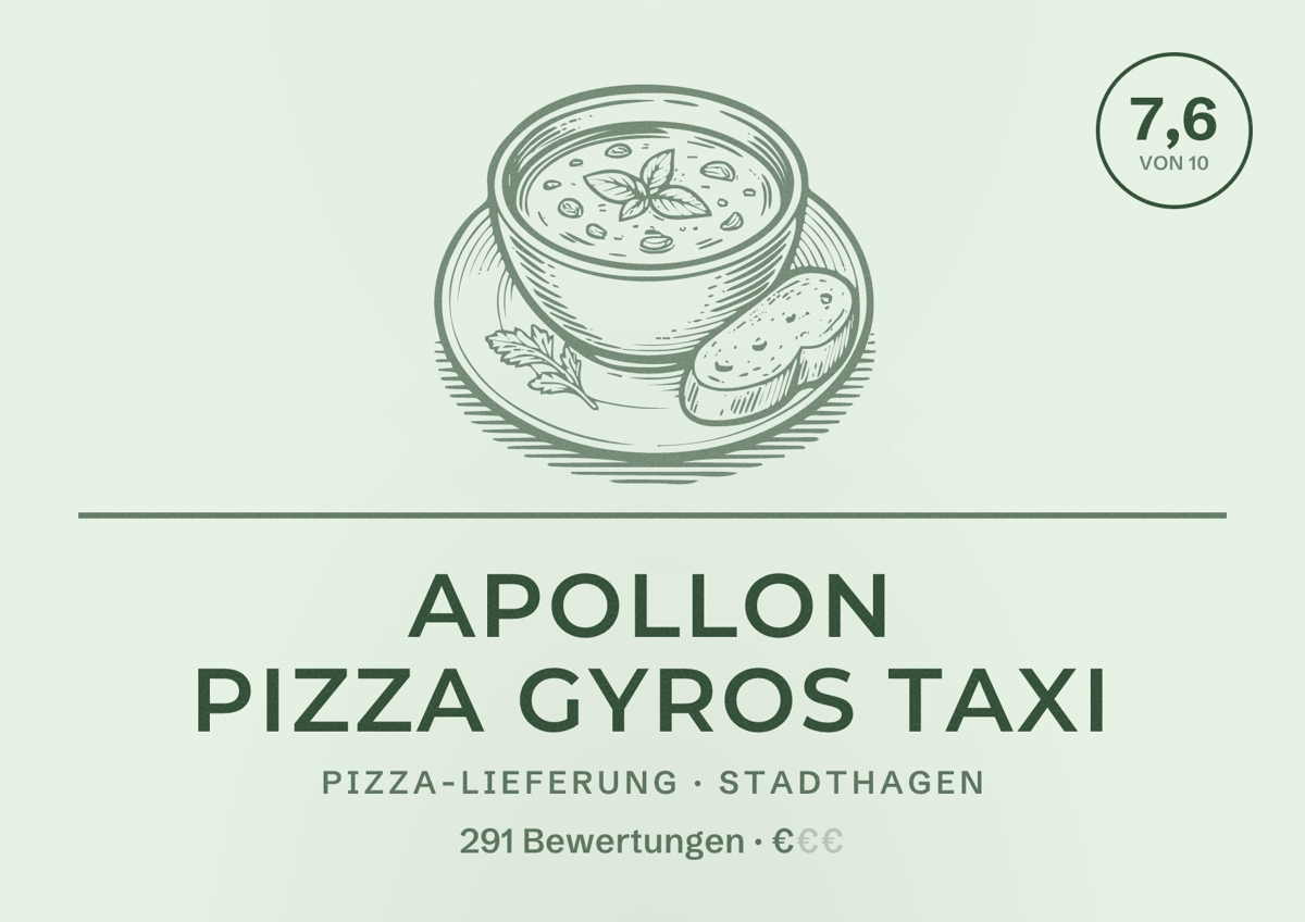 Illustriertes Poster von Apollon Pizza Gyros Taxi, Pizza-Lieferung in Stadthagen: Bewertung 7,6 von 10 aus 291 Bewertungen, Preisniveau €