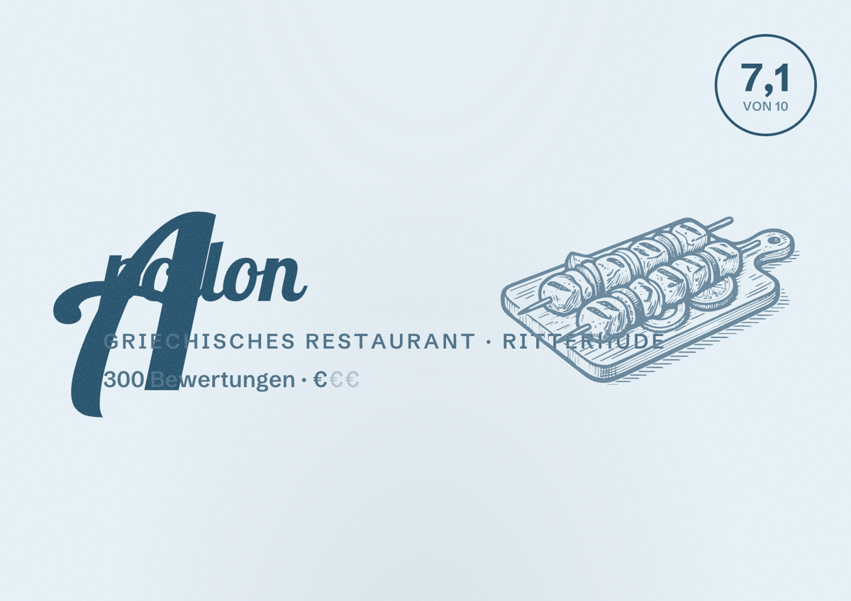 Illustriertes Poster von Apollon, Griechisches Restaurant in Ritterhude: Bewertung 7,1 von 10 aus 300 Bewertungen, Preisniveau €