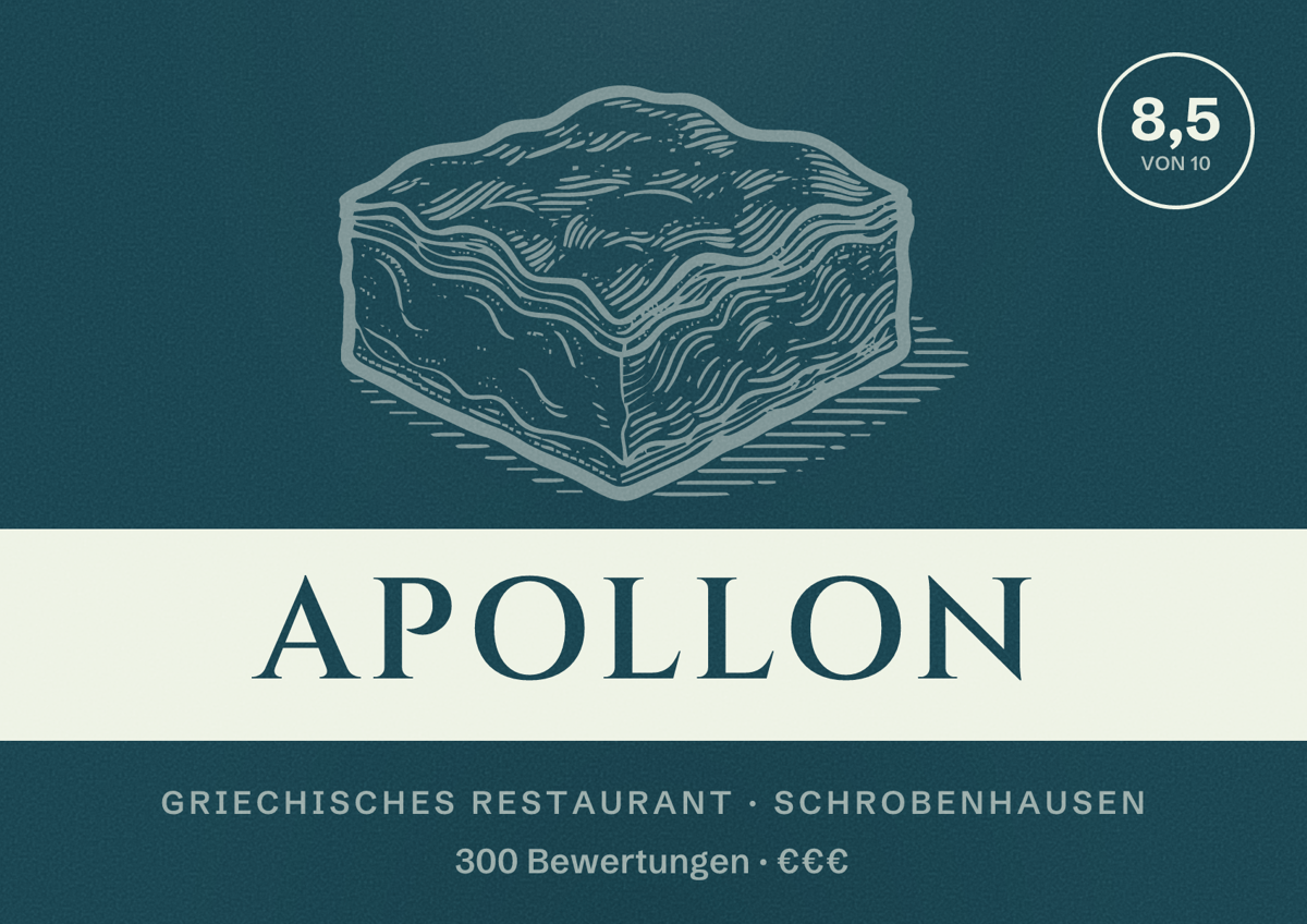 Illustriertes Poster von Apollon, Griechisches Restaurant in Schrobenhausen: Bewertung 8,5 von 10 aus 300 Bewertungen, Preisniveau €€€