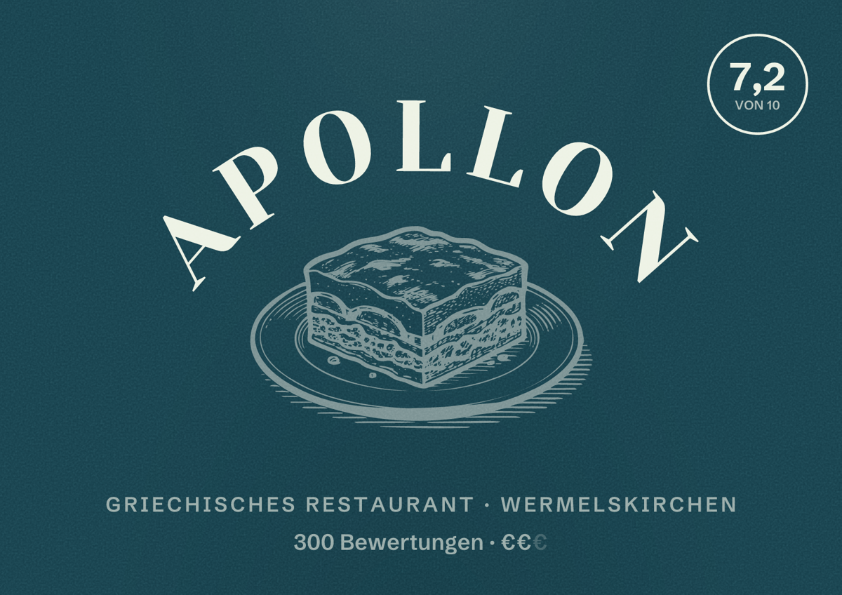 Illustriertes Poster von Apollon, Griechisches Restaurant in Wermelskirchen: Bewertung 7,2 von 10 aus 300 Bewertungen, Preisniveau €€