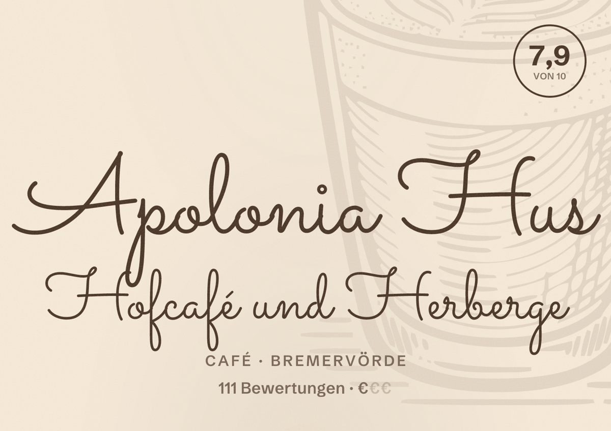Illustriertes Poster von Apolonia Hus Hofcafé und Herberge, Café in Bremervörde: Bewertung 7,9 von 10 aus 111 Bewertungen, Preisniveau €
