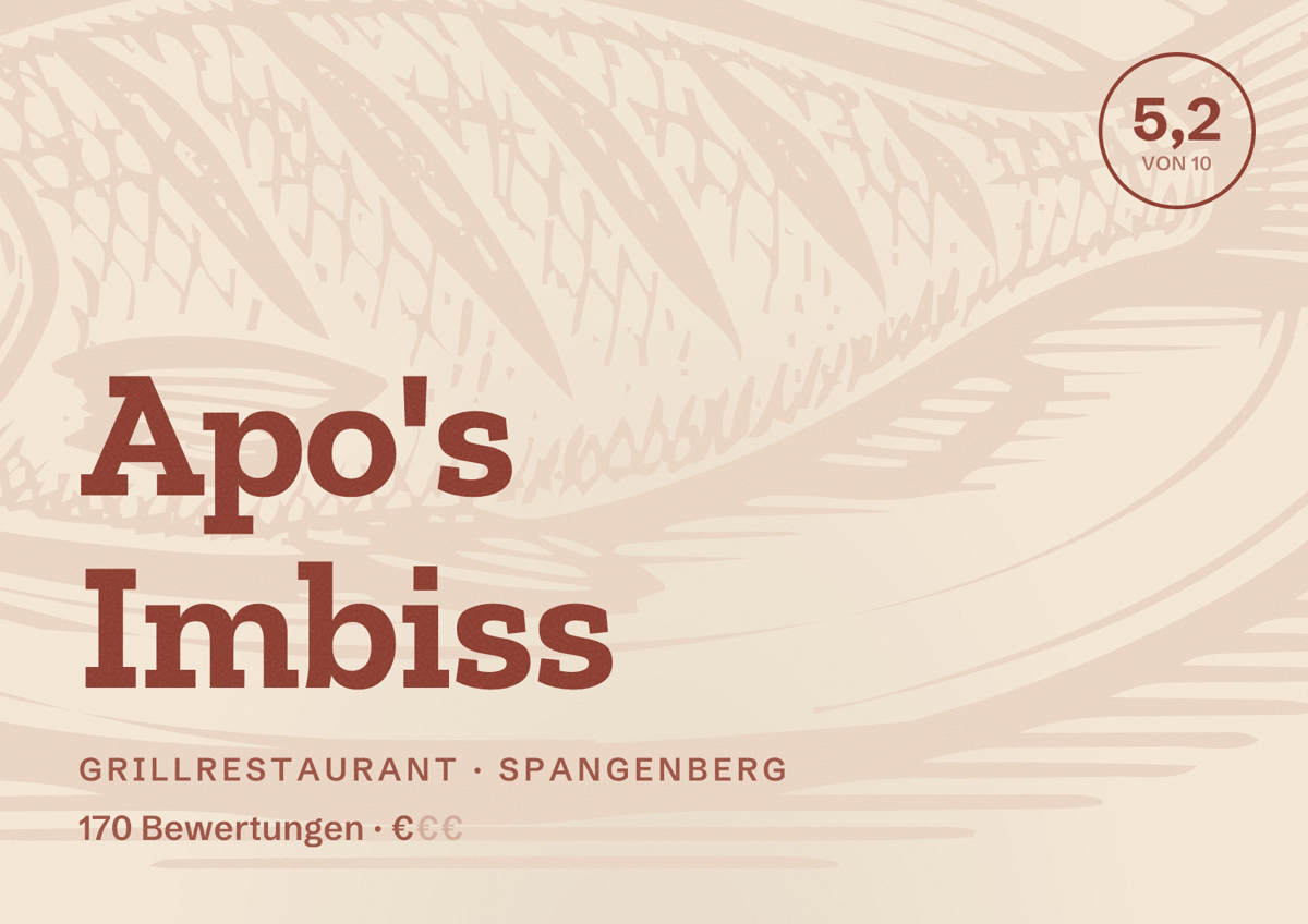 Illustriertes Poster von Apo's Imbiss, Grillrestaurant in Spangenberg: Bewertung 5,2 von 10 aus 170 Bewertungen, Preisniveau €