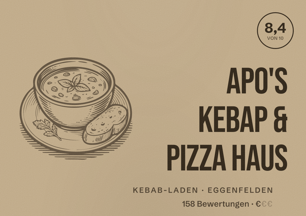 Illustriertes Poster von Apo's Kebap & Pizza Haus, Kebab-Laden in Eggenfelden: Bewertung 8,4 von 10 aus 158 Bewertungen, Preisniveau €