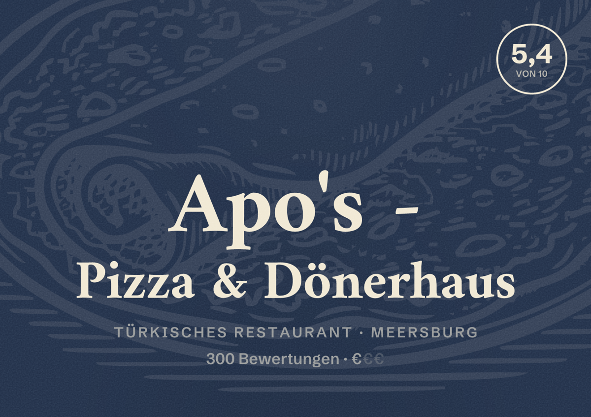 Illustriertes Poster von Apo's - Pizza & Dönerhaus, Türkisches Restaurant in Meersburg: Bewertung 5,4 von 10 aus 300 Bewertungen, Preisniveau €
