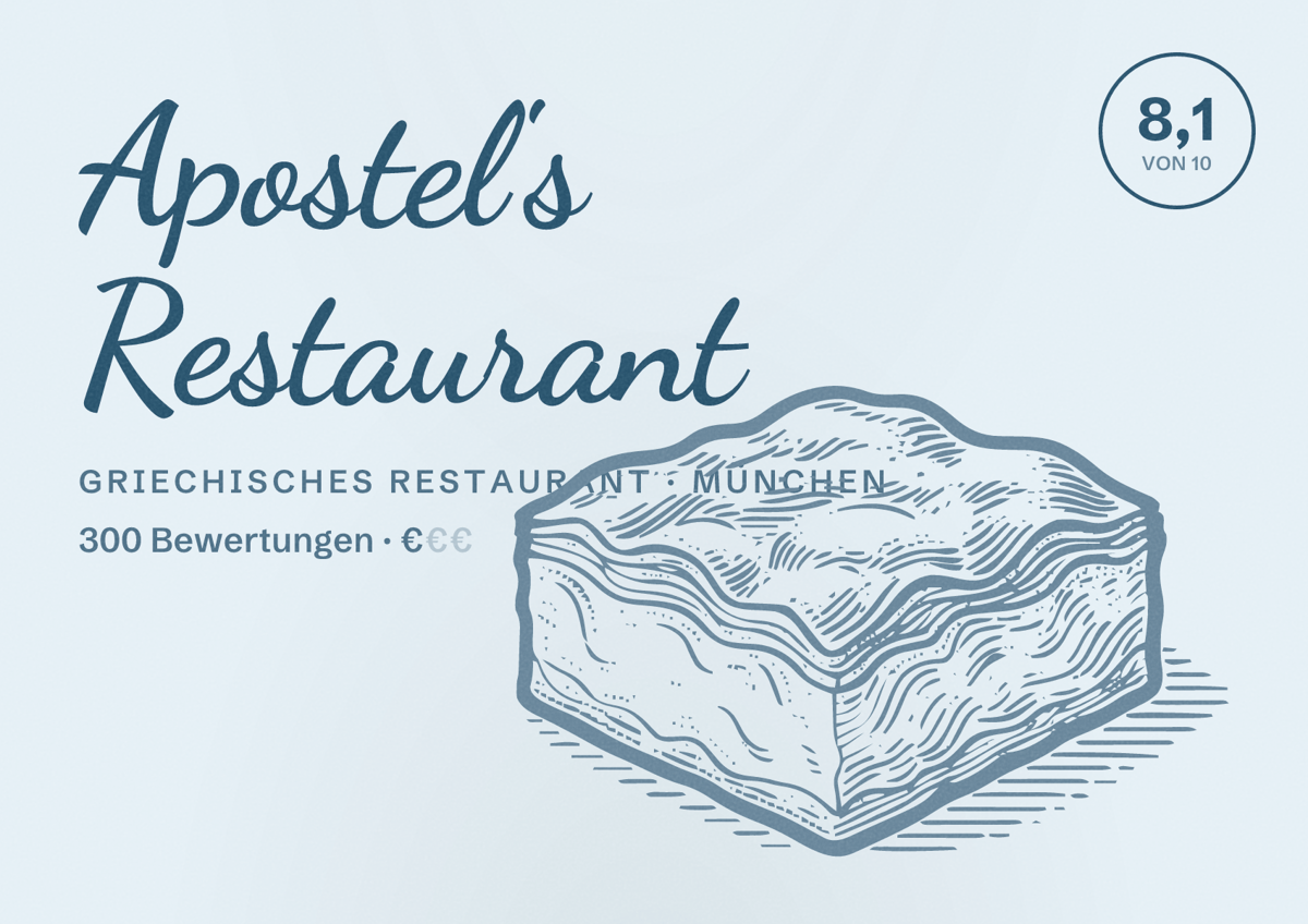 Illustriertes Poster von Apostel's Restaurant, Griechisches Restaurant in München: Bewertung 8,1 von 10 aus 300 Bewertungen, Preisniveau €