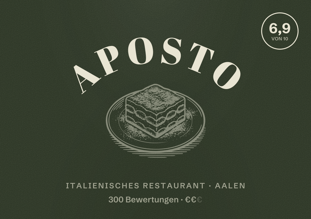 Illustriertes Poster von Aposto, Italienisches Restaurant in Aalen: Bewertung 6,9 von 10 aus 300 Bewertungen, Preisniveau €€