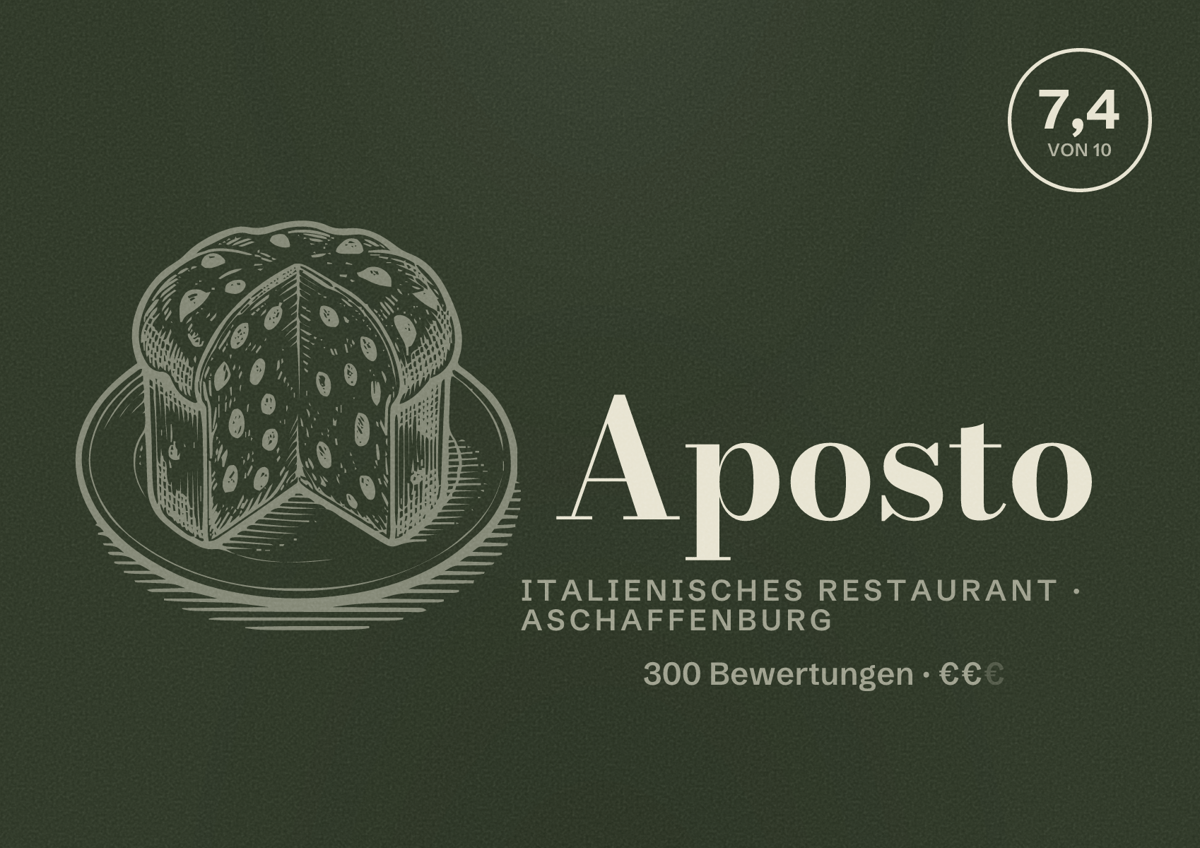 Illustriertes Poster von Aposto, Italienisches Restaurant in Aschaffenburg: Bewertung 7,4 von 10 aus 300 Bewertungen, Preisniveau €€