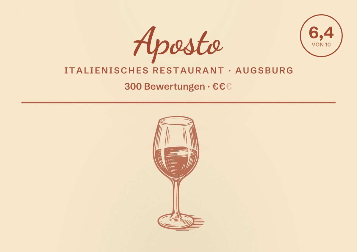 Illustriertes Poster von Aposto, Italienisches Restaurant in Augsburg: Bewertung 6,4 von 10 aus 300 Bewertungen, Preisniveau €€