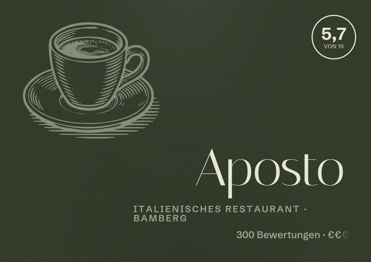Illustriertes Poster von Aposto, Italienisches Restaurant in Bamberg: Bewertung 5,7 von 10 aus 300 Bewertungen, Preisniveau €€
