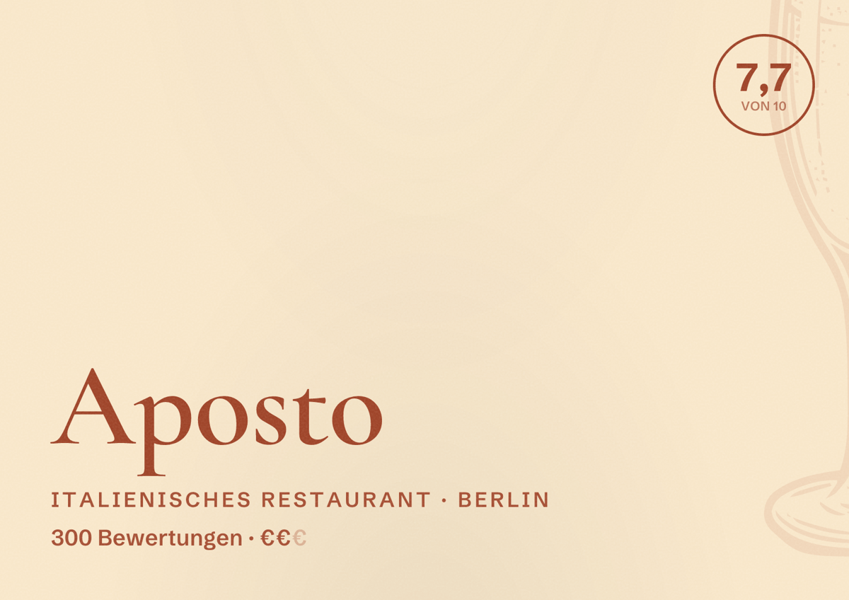 Illustriertes Poster von Aposto, Italienisches Restaurant in Berlin: Bewertung 7,7 von 10 aus 300 Bewertungen, Preisniveau €€
