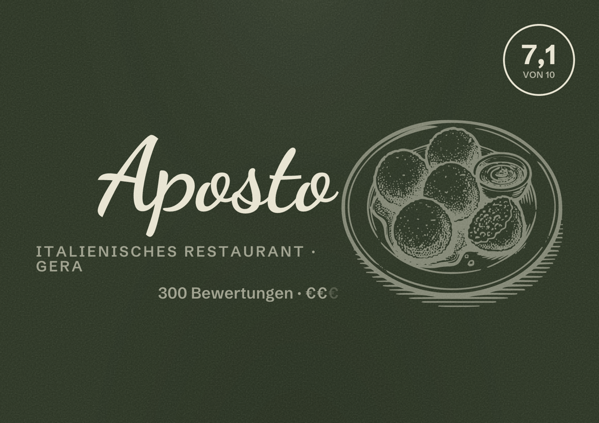 Illustriertes Poster von Aposto, Italienisches Restaurant in Gera: Bewertung 7,1 von 10 aus 300 Bewertungen, Preisniveau €€