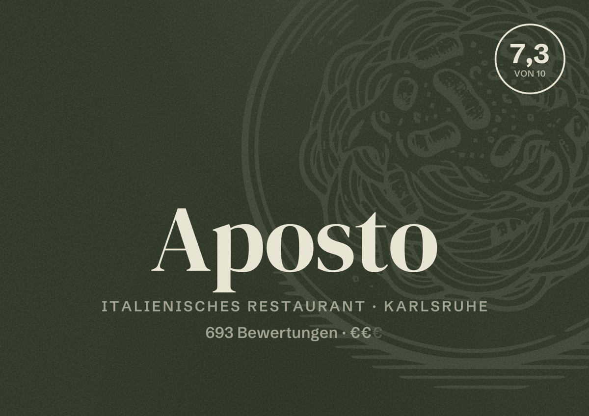 Illustriertes Poster von Aposto, Italienisches Restaurant in Karlsruhe: Bewertung 7,3 von 10 aus 693 Bewertungen, Preisniveau €€