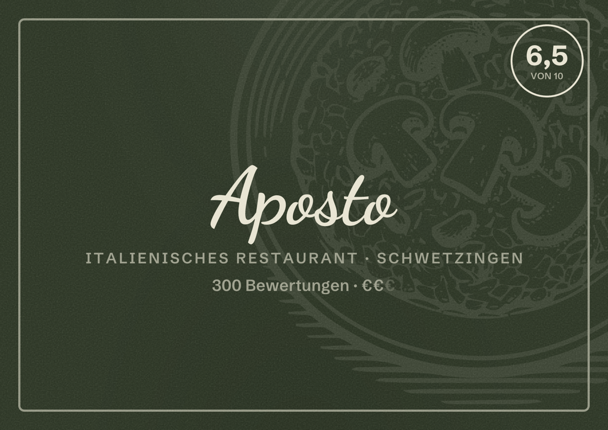 Illustriertes Poster von Aposto, Italienisches Restaurant in Schwetzingen: Bewertung 6,5 von 10 aus 300 Bewertungen, Preisniveau €€