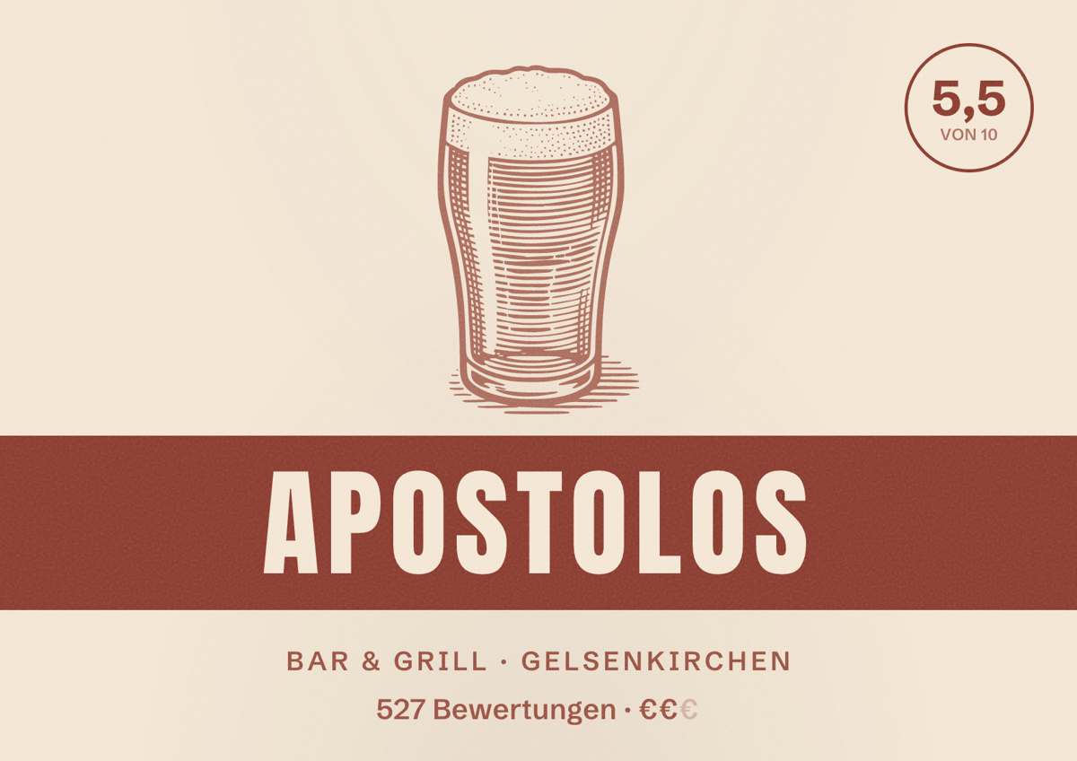 Illustriertes Poster von Apostolos, Bar & Grill in Gelsenkirchen: Gästebewertung 5,5 von 10 aus 527 Bewertungen