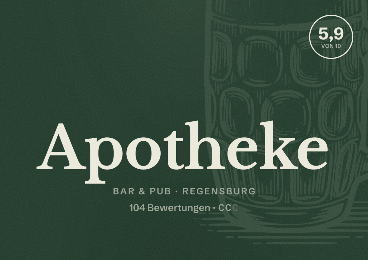 Illustriertes Poster von Apotheke, Bar & Pub in Regensburg: Bewertung 5,9 von 10 aus 104 Bewertungen, Preisniveau €€