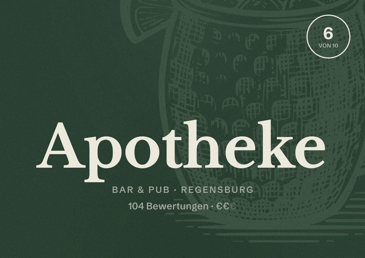 Illustriertes Poster von Apotheke, Bar & Pub in Regensburg: Bewertung 6,0 von 10 aus 104 Bewertungen, Preisniveau €€